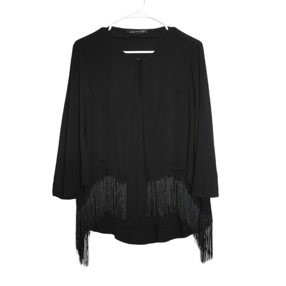 Zara Black Blouse Flare Sleeve Fringe Top Size M